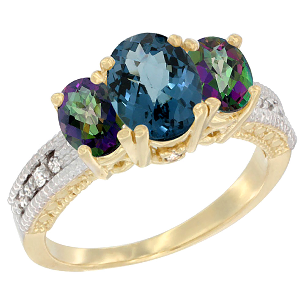 10K Yellow Gold Diamond Natural London Blue Ring Oval 3-stone with Mystic Topaz, sizes 5 - 10