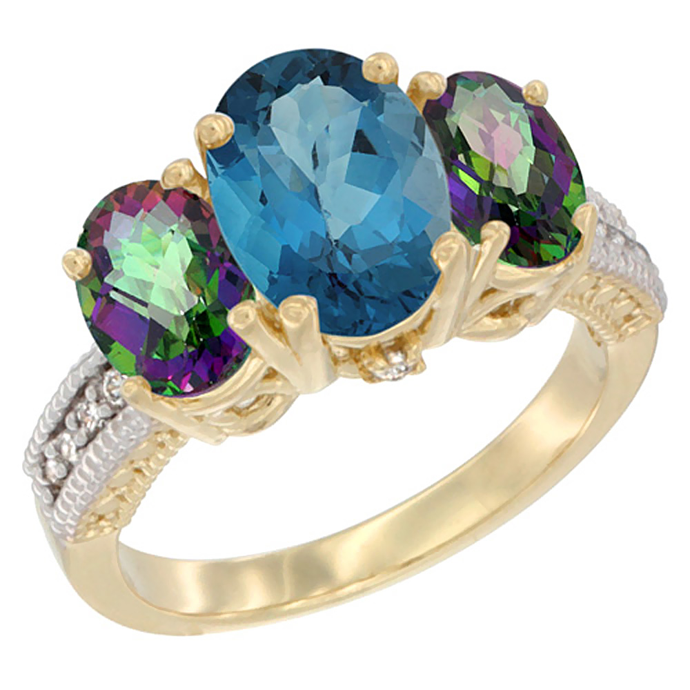 14K Yellow Gold Diamond Natural London Blue Topaz Ring 3-Stone Oval 8x6mm with Mystic Topaz, sizes5-10
