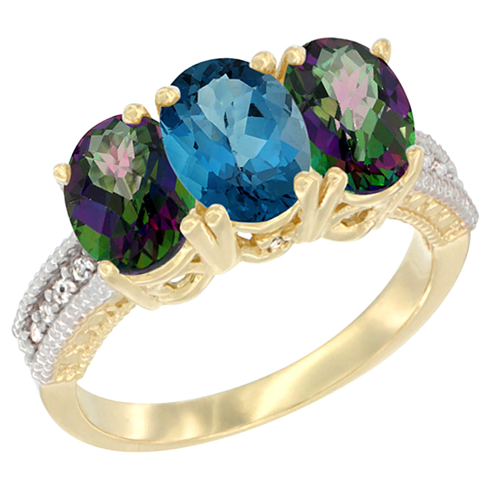 14K Yellow Gold Natural London Blue Topaz &amp; Mystic Topaz Ring 3-Stone 7x5 mm Oval Diamond Accent, sizes 5 - 10