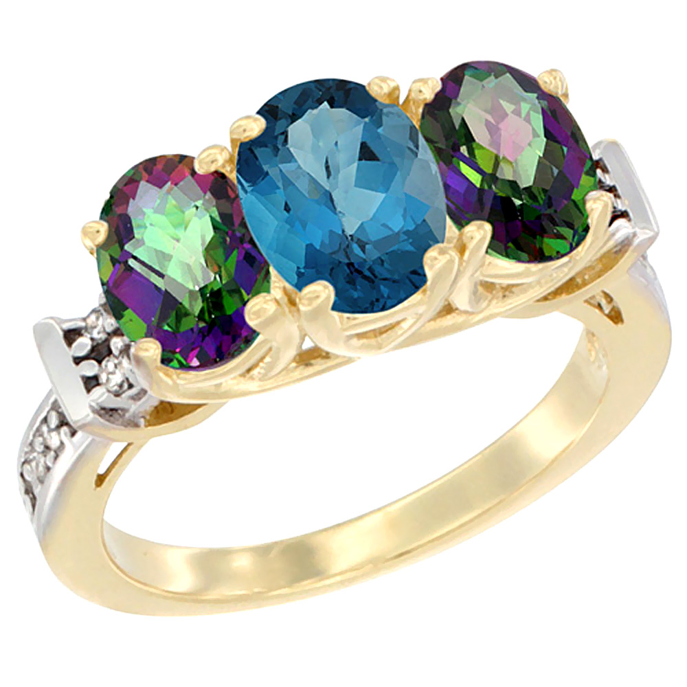 14K Yellow Gold Natural London Blue Topaz &amp; Mystic Topaz Sides Ring 3-Stone Oval Diamond Accent, sizes 5 - 10