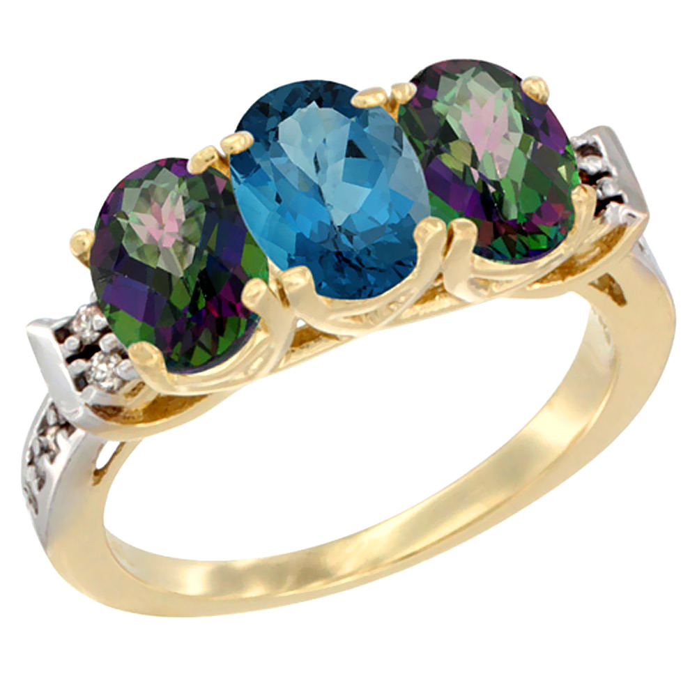 14K Yellow Gold Natural London Blue Topaz & Mystic Topaz Sides Ring 3-Stone Oval 7x5 mm Diamond Accent, sizes 5 - 10