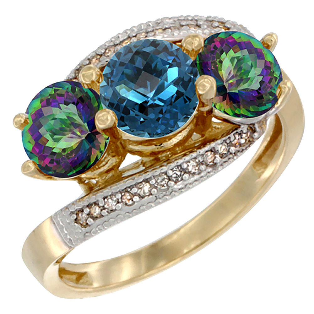 14K Yellow Gold Natural London Blue Topaz &amp; Mystic Topaz Sides 3 stone Ring Round 6mm Diamond Accent, sizes 5 - 10