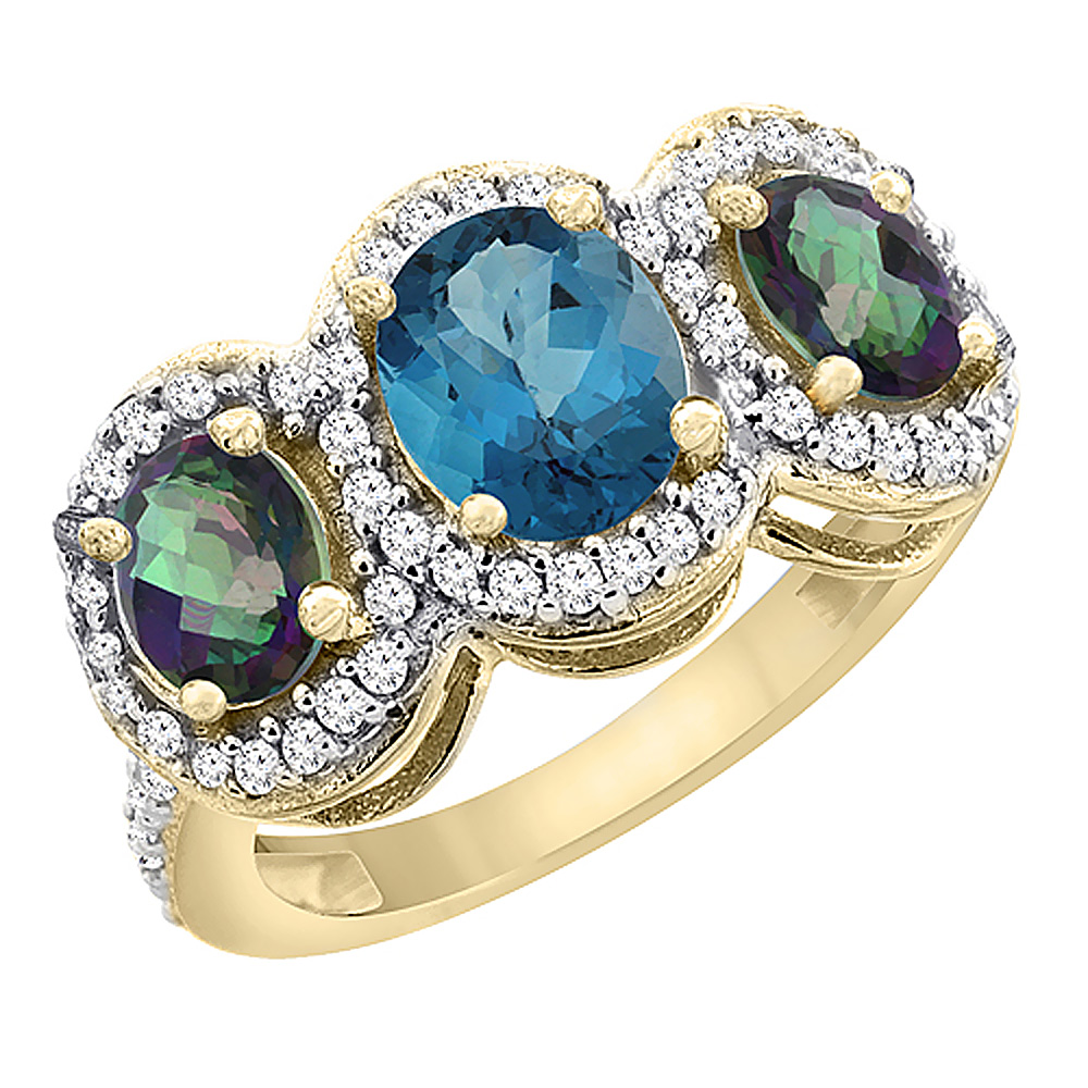 14K Yellow Gold Natural London Blue Topaz &amp; Mystic Topaz 3-Stone Ring Oval Diamond Accent, sizes 5 - 10