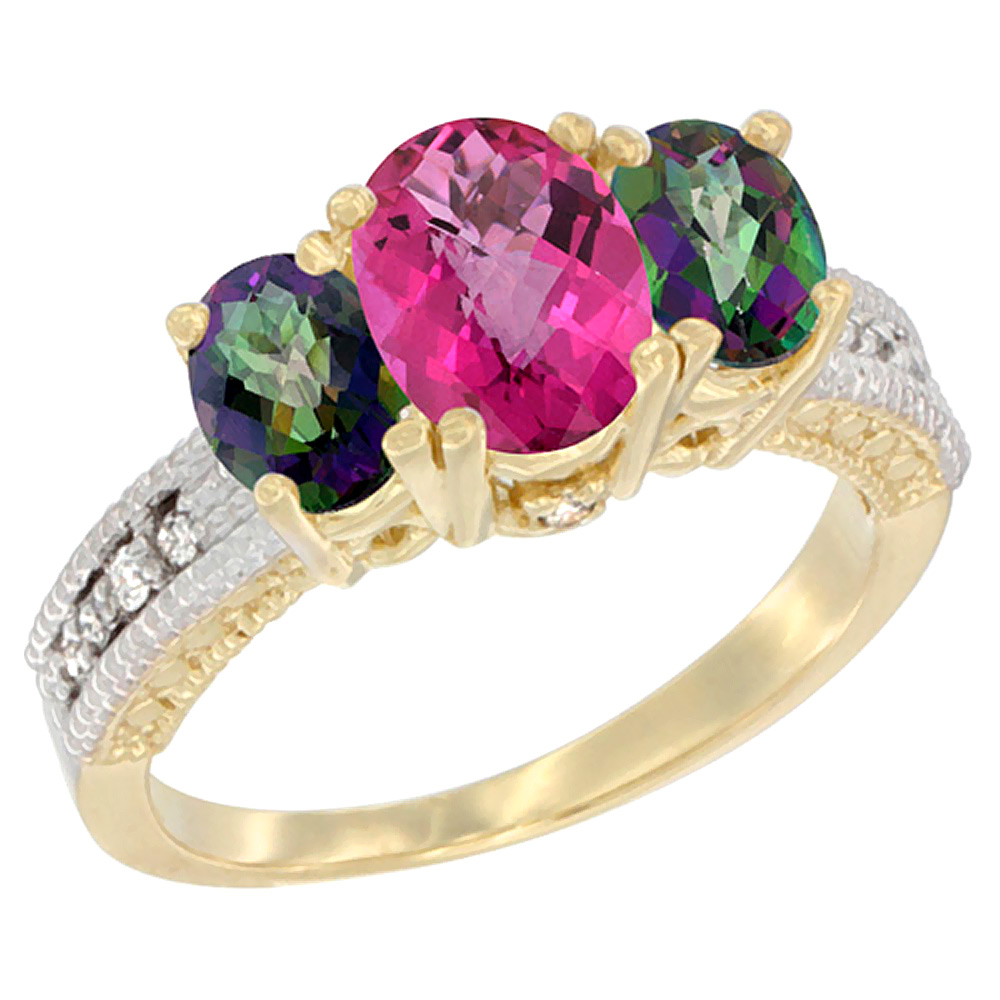 14K Yellow Gold Diamond Natural Pink Topaz Ring Oval 3-stone with Mystic Topaz, sizes 5 - 10