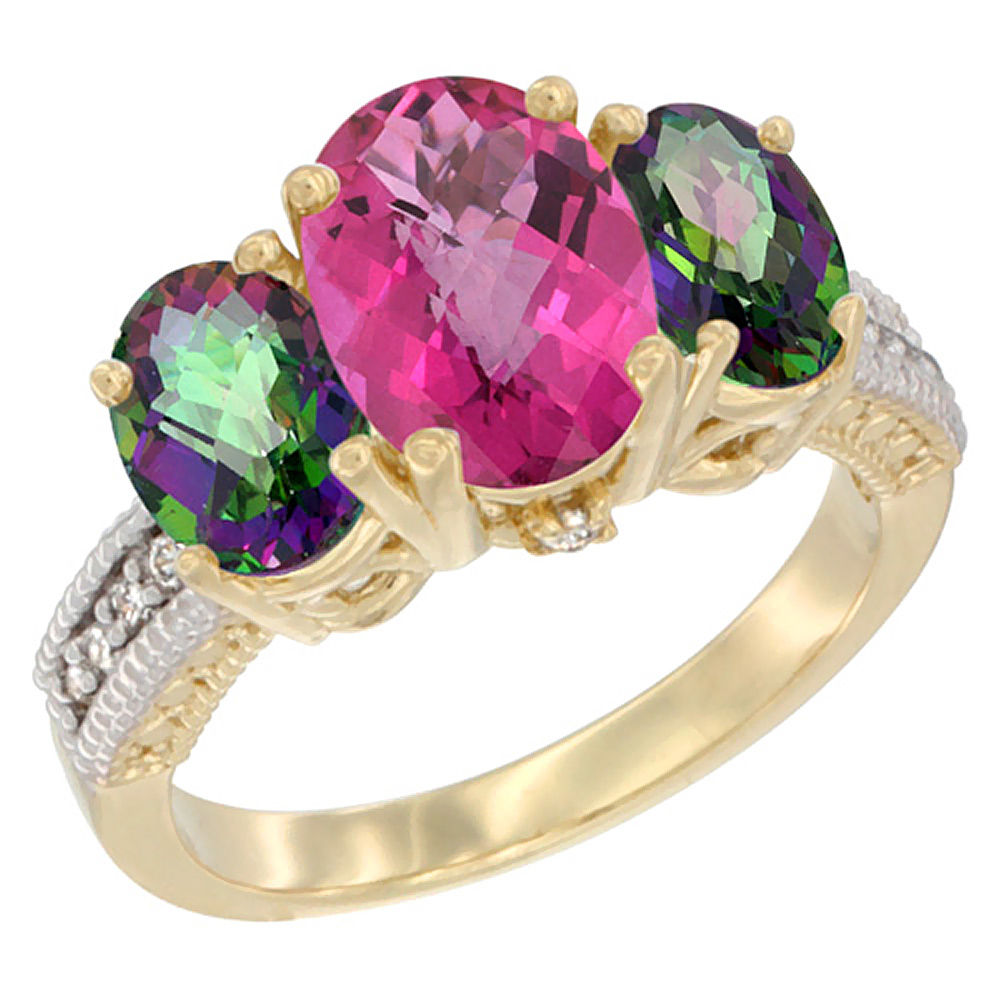 14K Yellow Gold Diamond Natural Pink Topaz Ring 3-Stone Oval 8x6mm with Mystic Topaz, sizes5-10