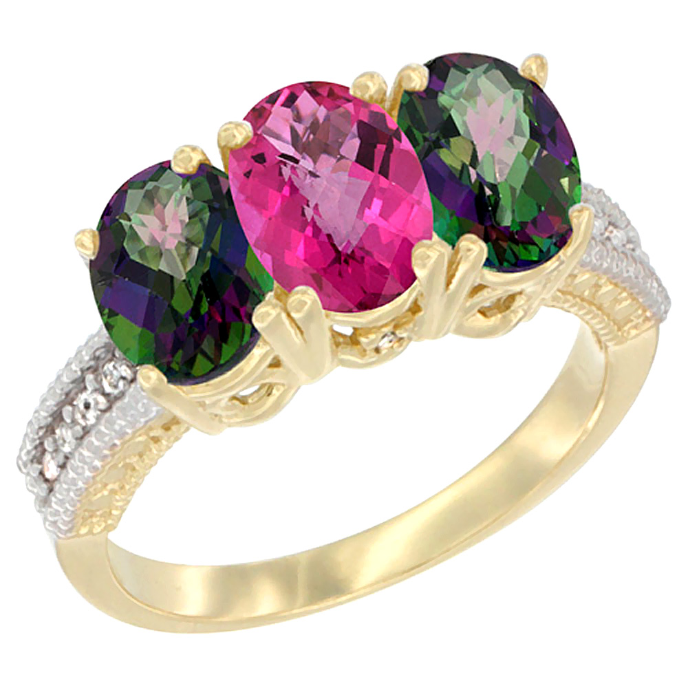 14K Yellow Gold Natural Pink Topaz & Mystic Topaz Ring 3-Stone 7x5 mm Oval Diamond Accent, sizes 5 - 10