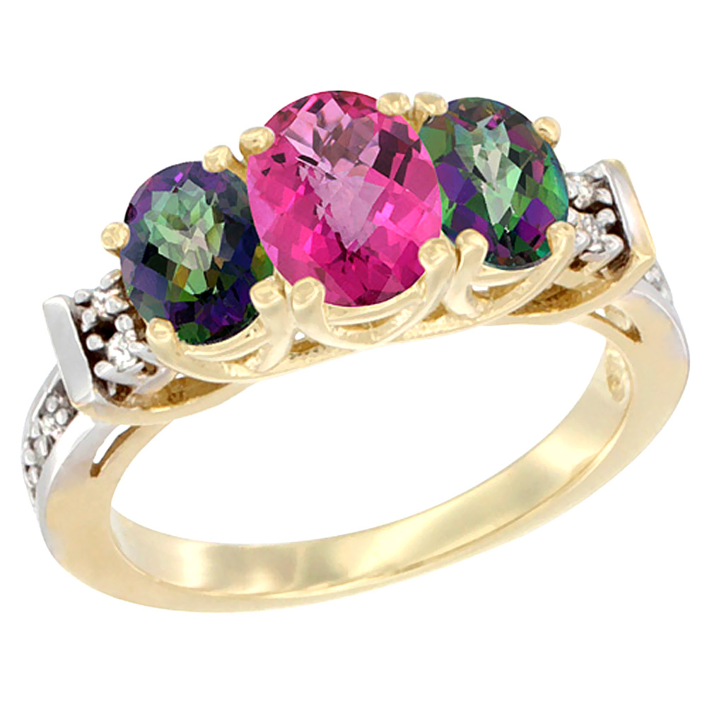 14K Yellow Gold Natural Pink Topaz & Mystic Topaz Ring 3-Stone Oval Diamond Accent