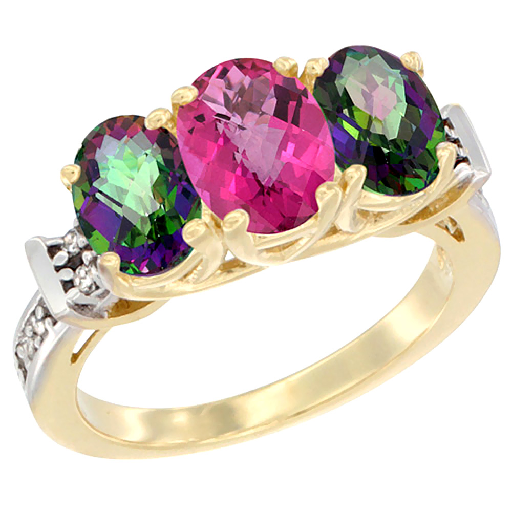 14K Yellow Gold Natural Pink Topaz &amp; Mystic Topaz Sides Ring 3-Stone Oval Diamond Accent, sizes 5 - 10