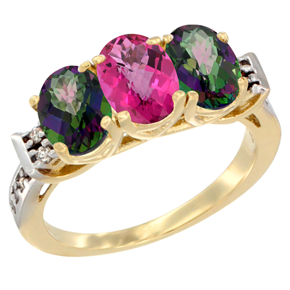 10K Yellow Gold Natural Pink Topaz & Mystic Topaz Sides Ring 3-Stone Oval 7x5 mm Diamond Accent, sizes 5 - 10