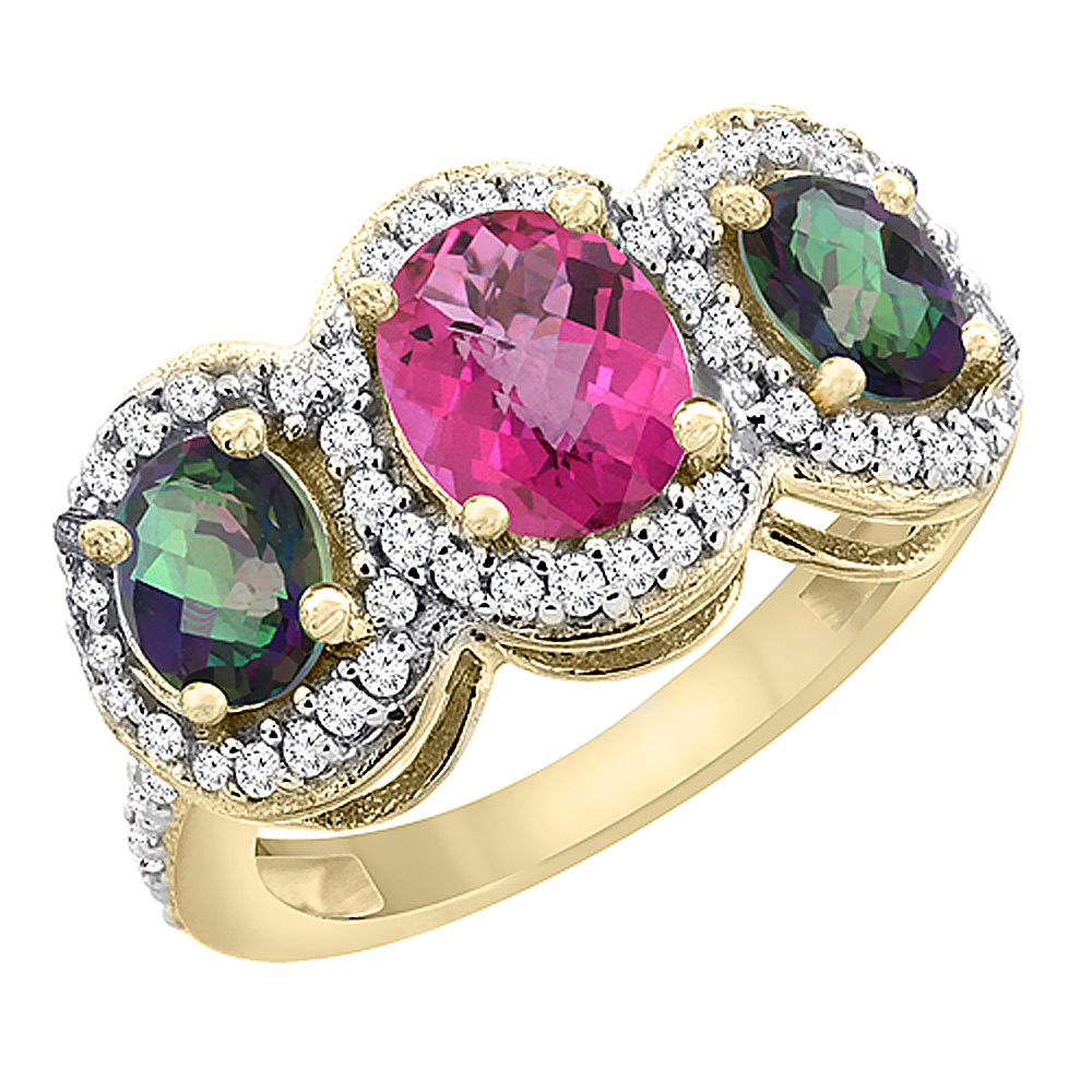 14K Yellow Gold Natural Pink Sapphire & Mystic Topaz 3-Stone Ring Oval Diamond Accent, sizes 5 - 10