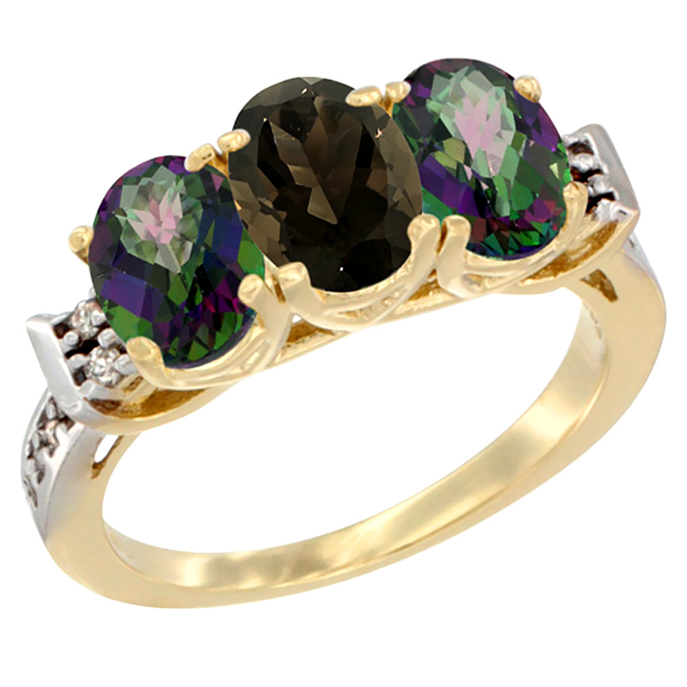 14K Yellow Gold Natural Smoky Topaz &amp; Mystic Topaz Sides Ring 3-Stone Oval 7x5 mm Diamond Accent, sizes 5 - 10