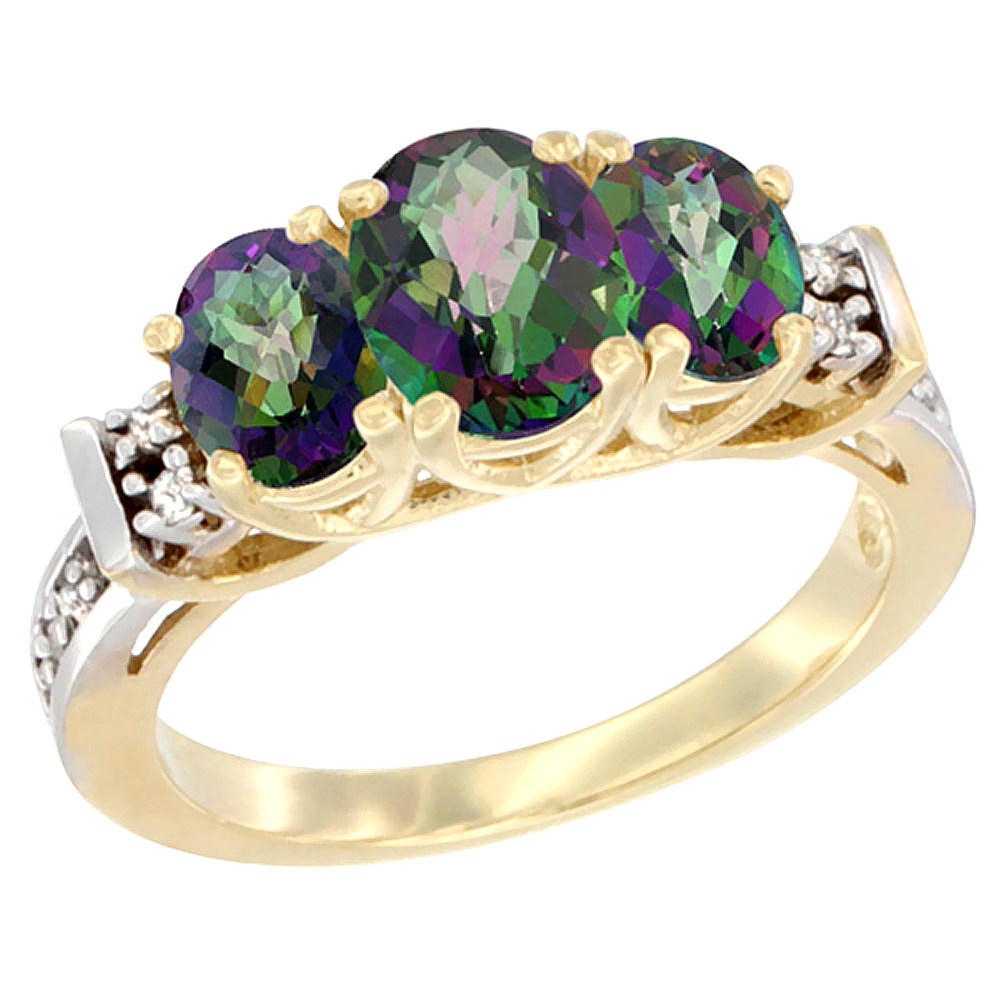 10K Yellow Gold Natural Mystic Topaz Ring 3-Stone Oval Diamond Accent
