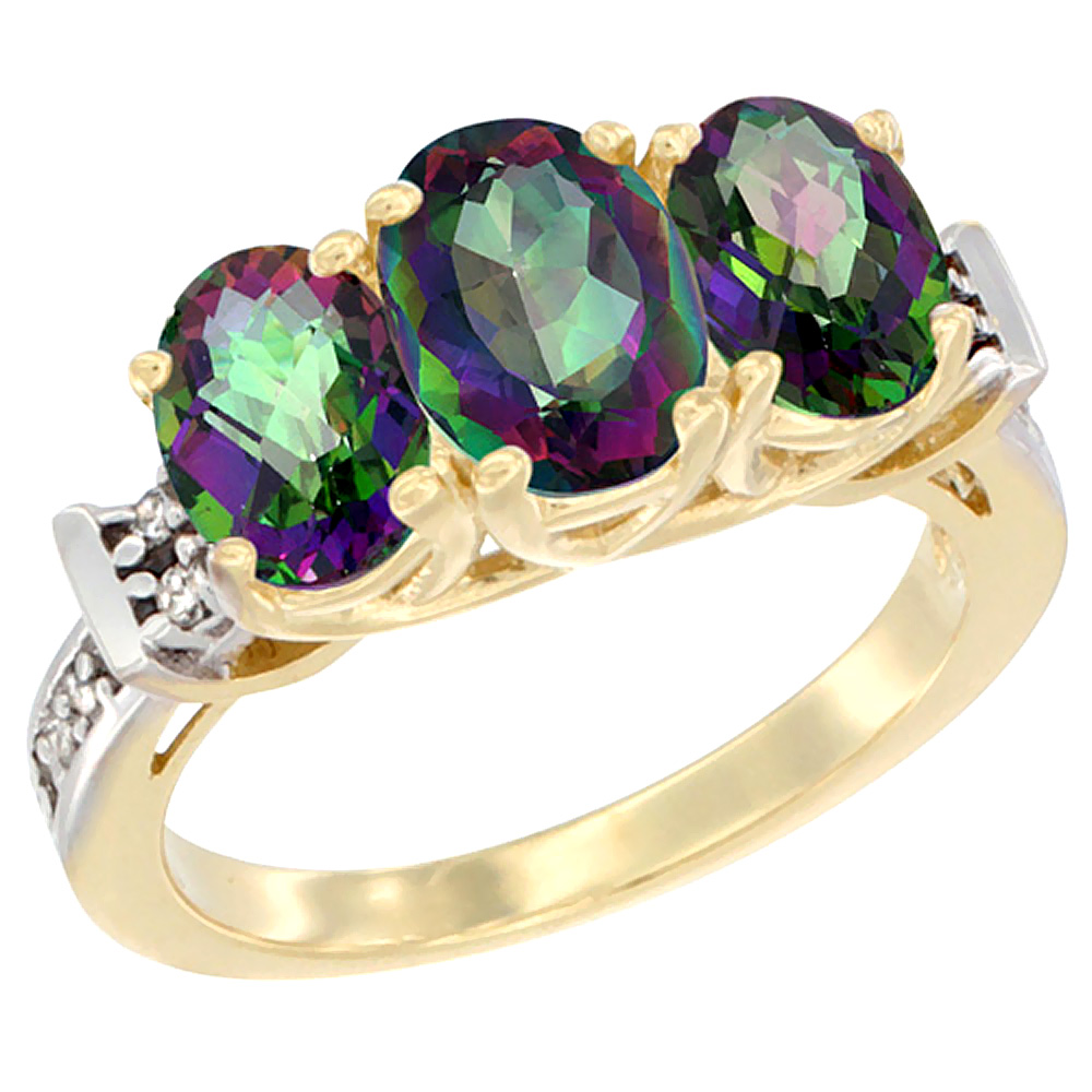 10K Yellow Gold Natural Mystic Topaz Ring 3-Stone Oval Diamond Accent, sizes 5 - 10