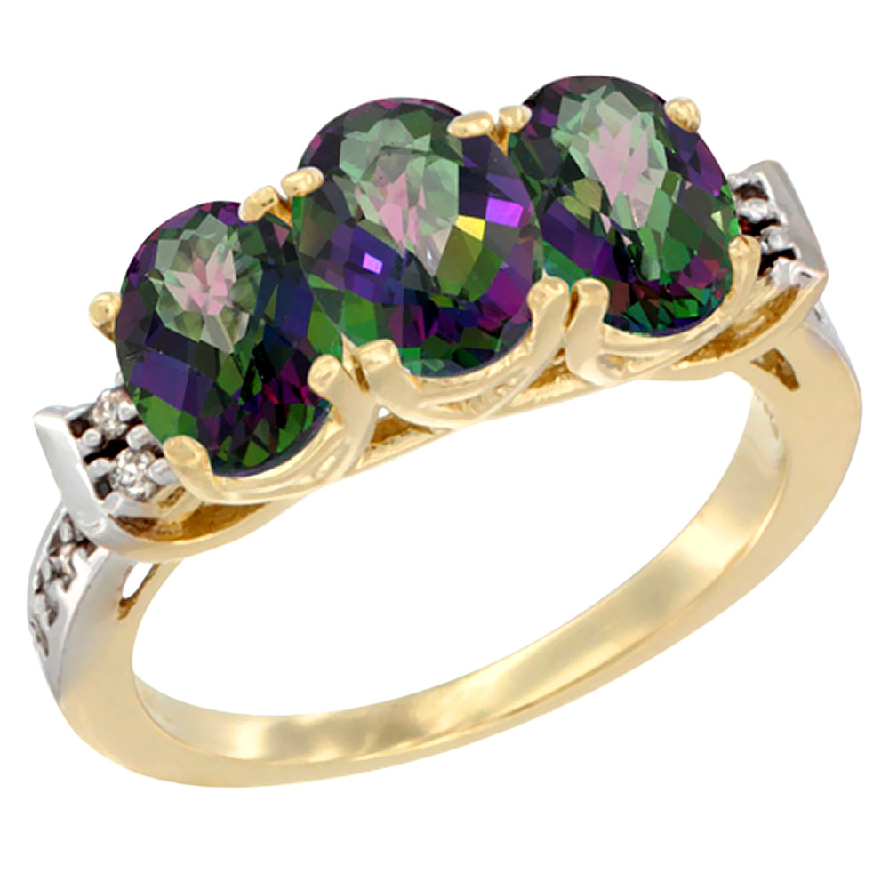 10K Yellow Gold Natural Mystic Topaz Ring 3-Stone Oval 7x5 mm Diamond Accent, sizes 5 - 10
