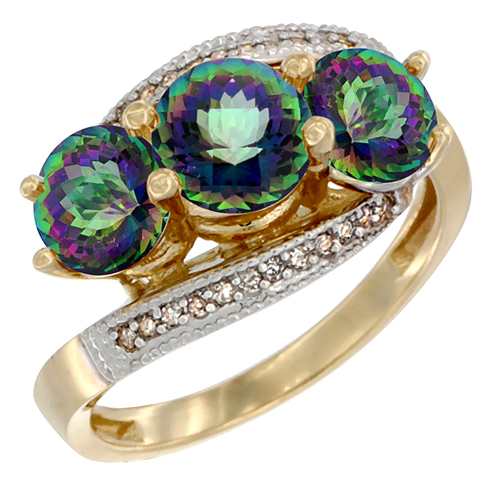 10K Yellow Gold Natural Mystic Topaz 3 stone Ring Round 6mm Diamond Accent, sizes 5 - 10