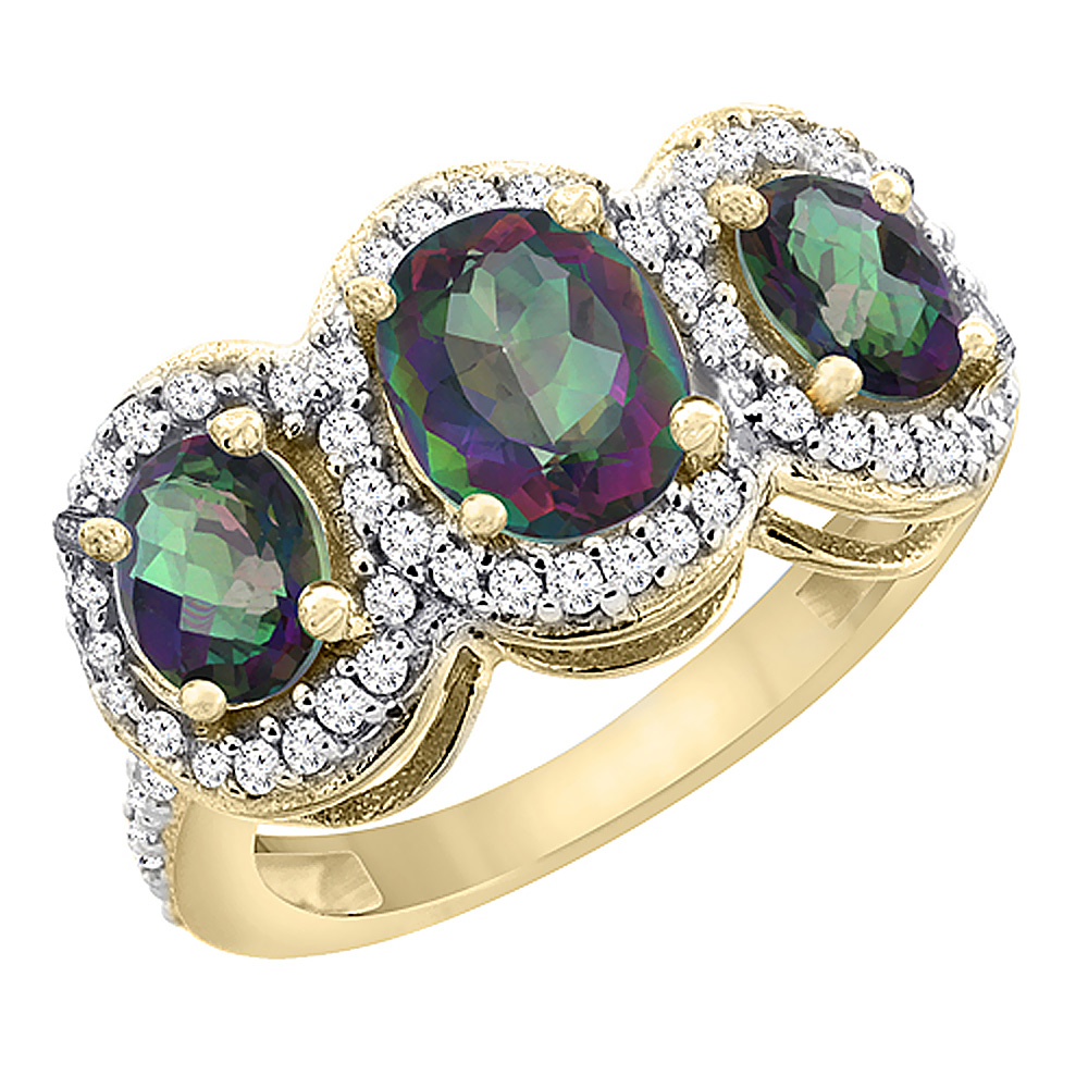 10K Yellow Gold Natural Mystic Topaz 3-Stone Ring Oval Diamond Accent, sizes 5 - 10