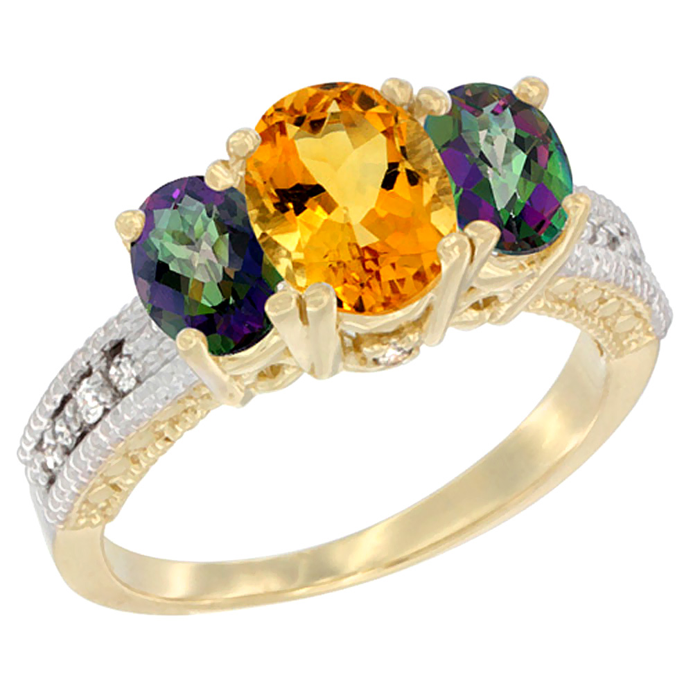 14K Yellow Gold Diamond Natural Citrine Ring Oval 3-stone with Mystic Topaz, sizes 5 - 10