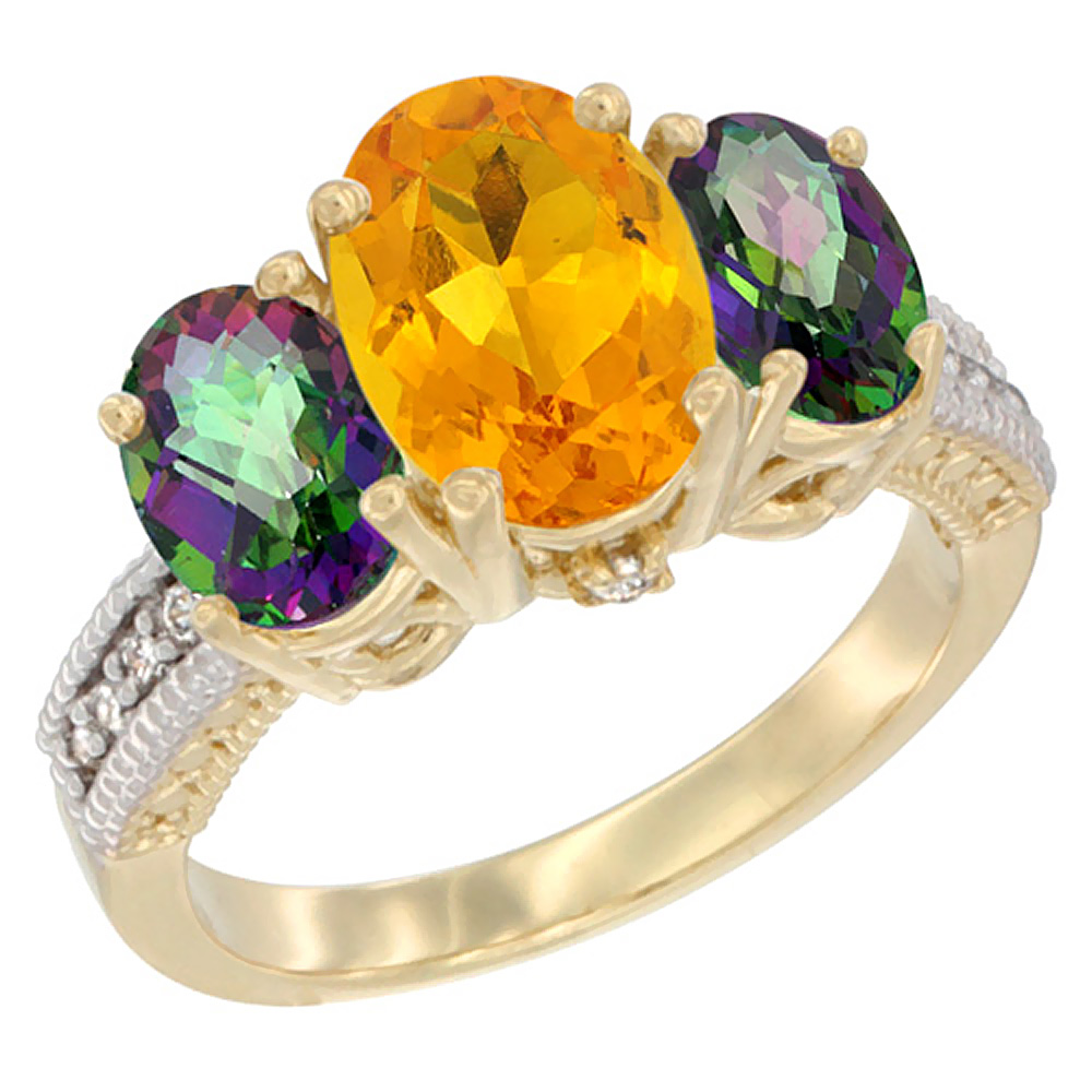 10K Yellow Gold Diamond Natural Citrine Ring 3-Stone Oval 8x6mm with Mystic Topaz, sizes5-10