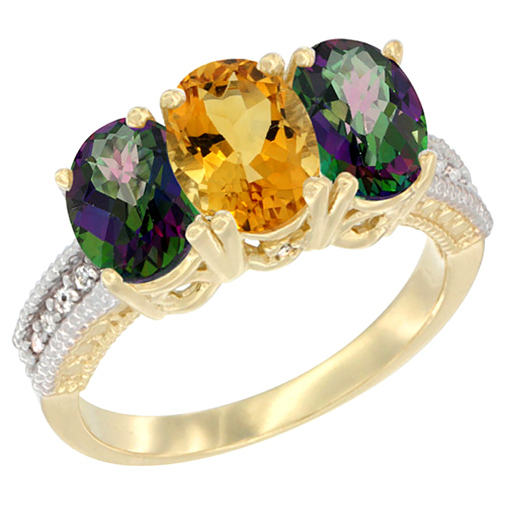 14K Yellow Gold Natural Citrine & Mystic Topaz Sides Ring 3-Stone 7x5 mm Oval Diamond Accent, sizes 5 - 10