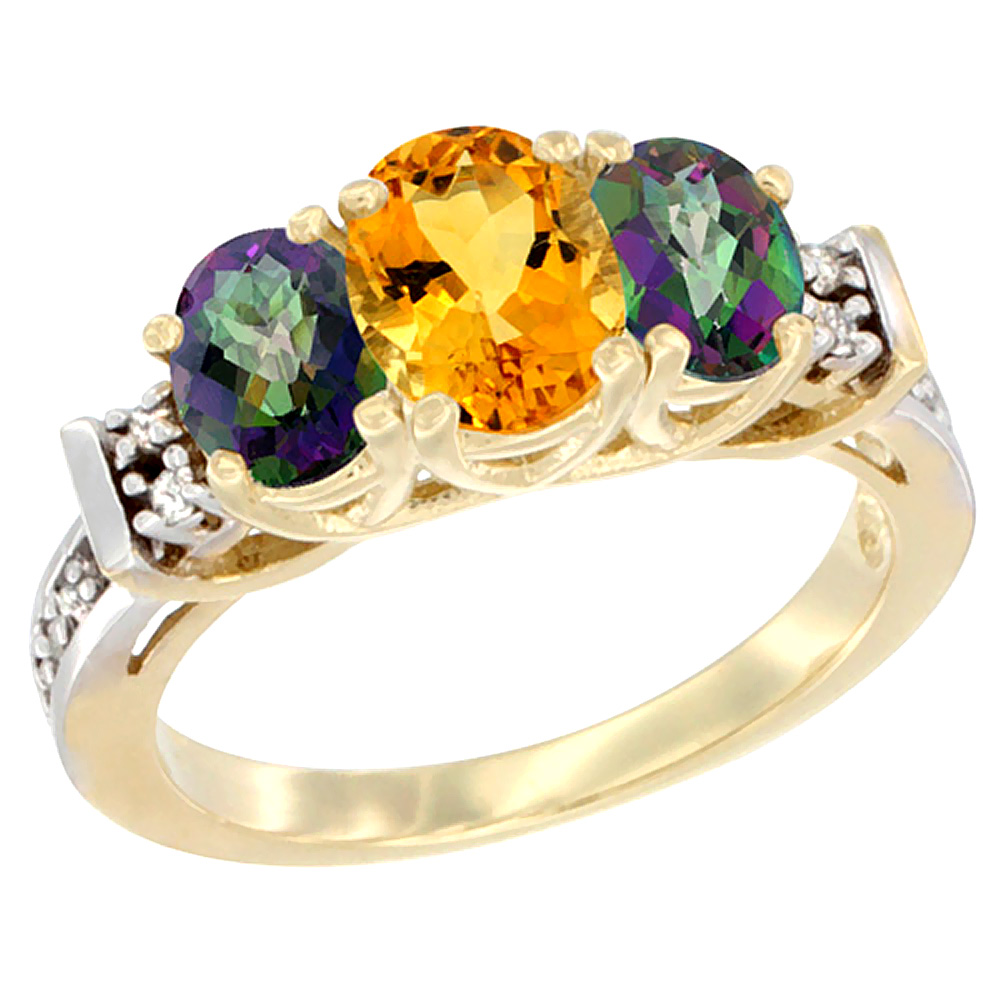 14K Yellow Gold Natural Citrine & Mystic Topaz Ring 3-Stone Oval Diamond Accent