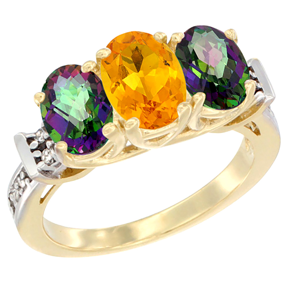 14K Yellow Gold Natural Citrine & Mystic Topaz Sides Ring 3-Stone Oval Diamond Accent, sizes 5 - 10