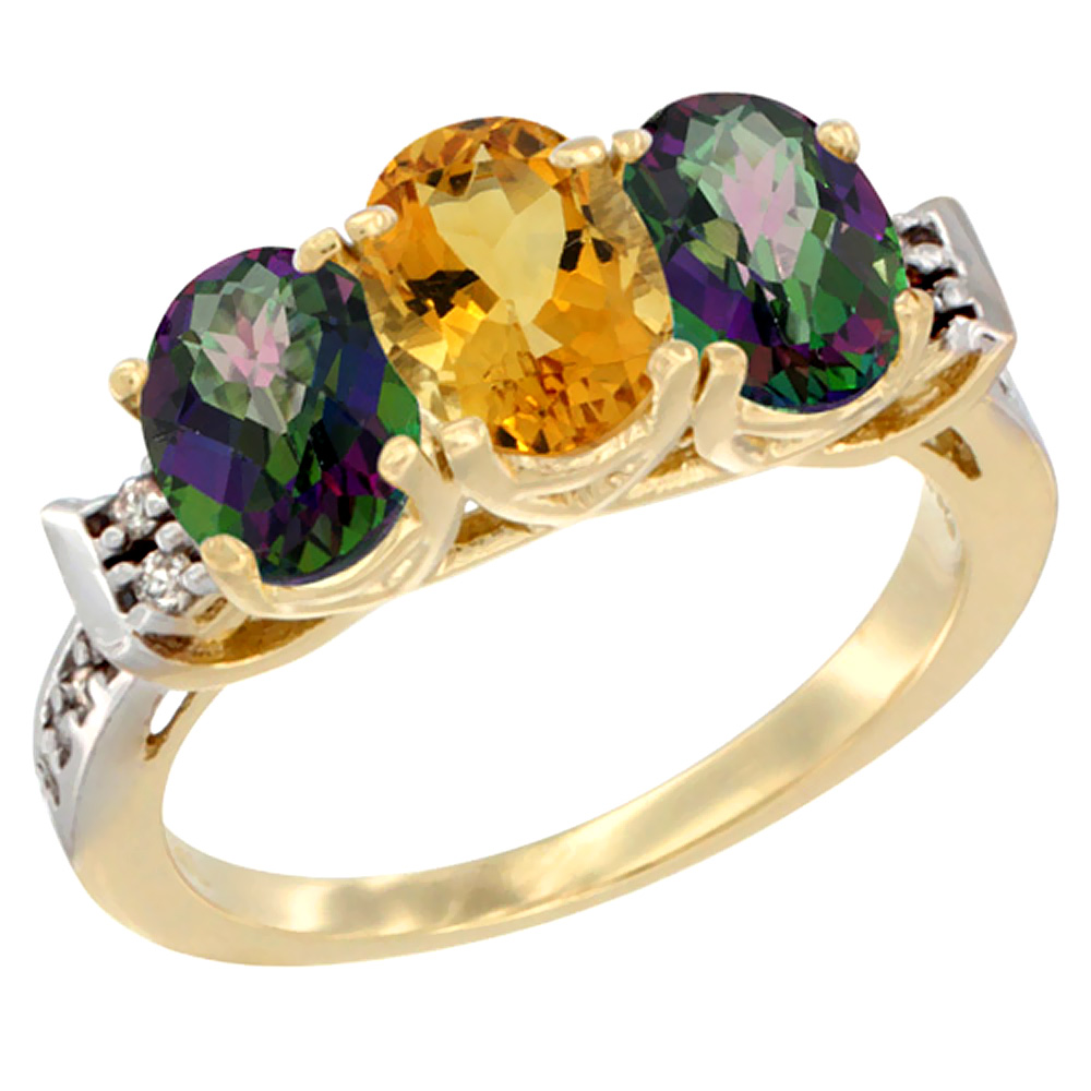 10K Yellow Gold Natural Citrine &amp; Mystic Topaz Sides Ring 3-Stone Oval 7x5 mm Diamond Accent, sizes 5 - 10