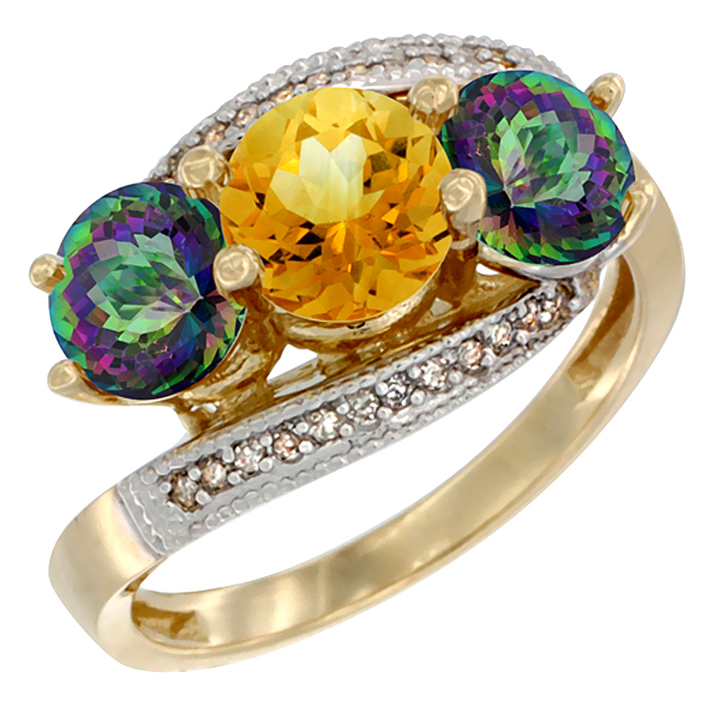 10K Yellow Gold Natural Citrine & Mystic Topaz Sides 3 stone Ring Round 6mm Diamond Accent, sizes 5 - 10