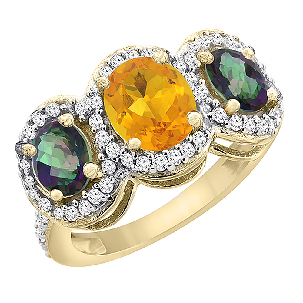 14K Yellow Gold Natural Citrine &amp; Mystic Topaz 3-Stone Ring Oval Diamond Accent, sizes 5 - 10