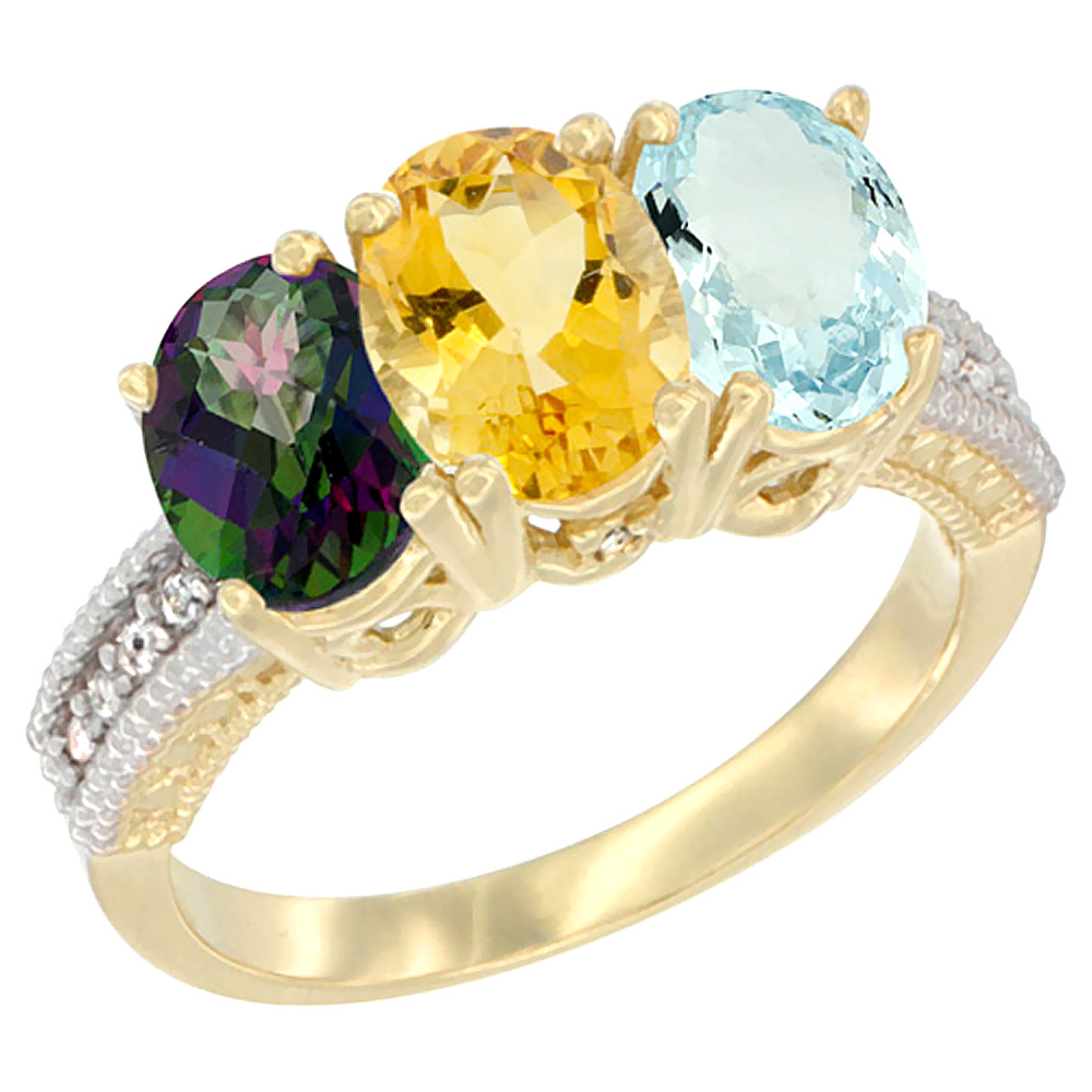 10K Yellow Gold Diamond Natural Mystic Topaz, Citrine & Aquamarine Ring 3-Stone 7x5 mm Oval, sizes 5 - 10