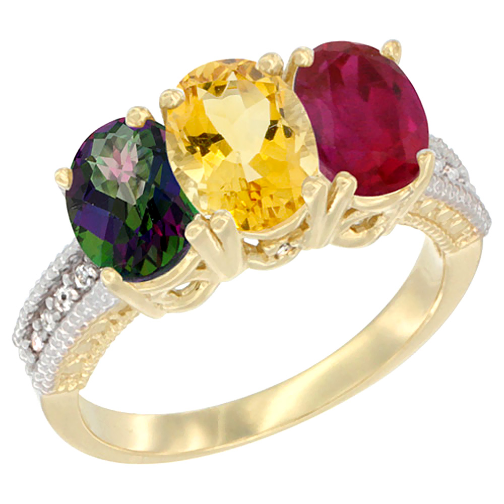 14K Yellow Gold Natural Mystic Topaz, Citrine &amp; Enhanced Ruby Ring 3-Stone 7x5 mm Oval Diamond Accent, sizes 5 - 10