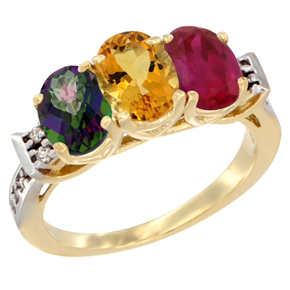 14K Yellow Gold Natural Mystic Topaz, Citrine &amp; Enhanced Ruby Ring 3-Stone Oval 7x5 mm Diamond Accent, sizes 5 - 10