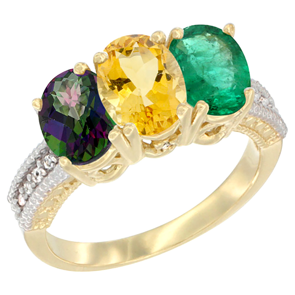 14K Yellow Gold Natural Mystic Topaz, Citrine &amp; Emerald Ring 3-Stone 7x5 mm Oval Diamond Accent, sizes 5 - 10