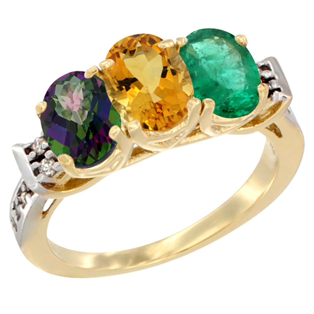 10K Yellow Gold Natural Mystic Topaz, Citrine &amp; Emerald Ring 3-Stone Oval 7x5 mm Diamond Accent, sizes 5 - 10