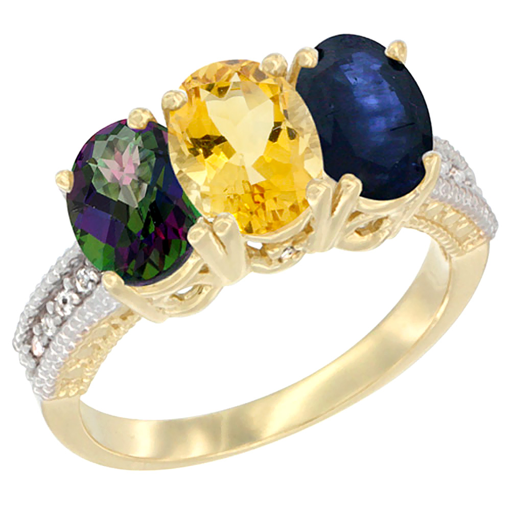 14K Yellow Gold Natural Mystic Topaz, Citrine &amp; Blue Sapphire Ring 3-Stone 7x5 mm Oval Diamond Accent, sizes 5 - 10