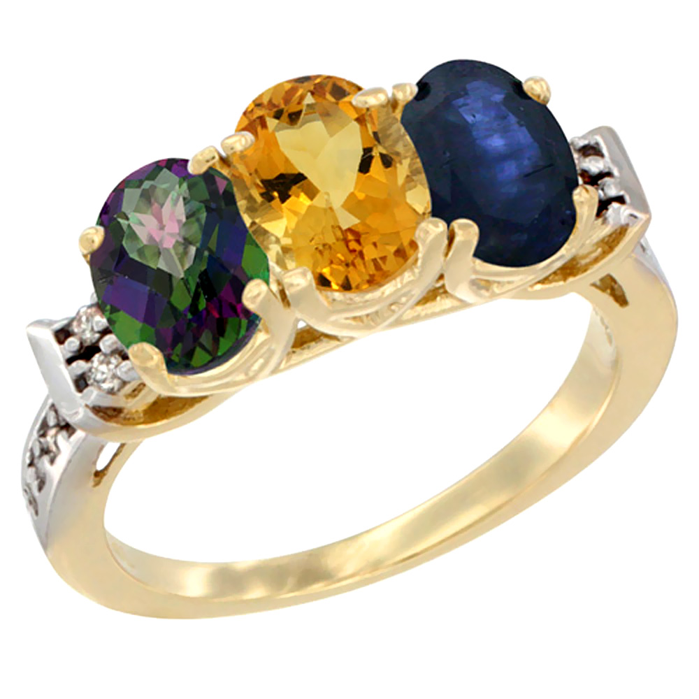 14K Yellow Gold Natural Mystic Topaz, Citrine &amp; Blue Sapphire Ring 3-Stone Oval 7x5 mm Diamond Accent, sizes 5 - 10