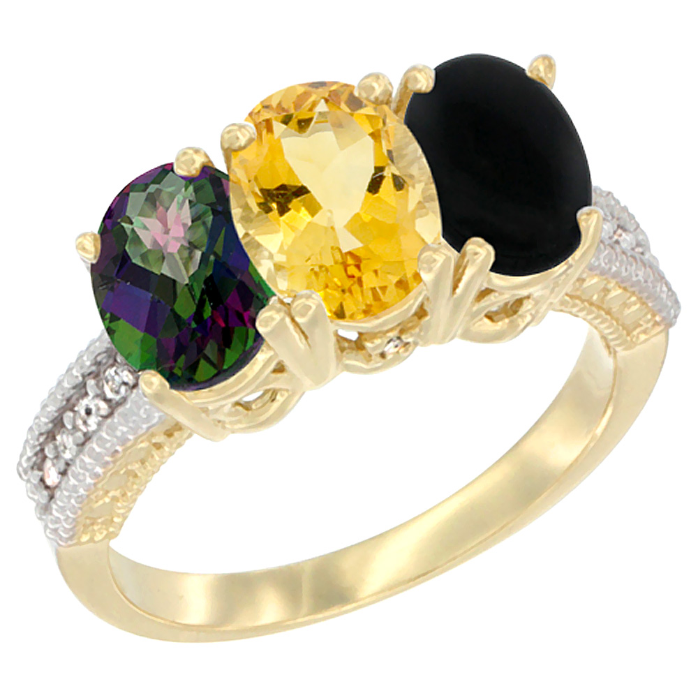 10K Yellow Gold Diamond Natural Mystic Topaz, Citrine & Black Onyx Ring 3-Stone 7x5 mm Oval, sizes 5 - 10
