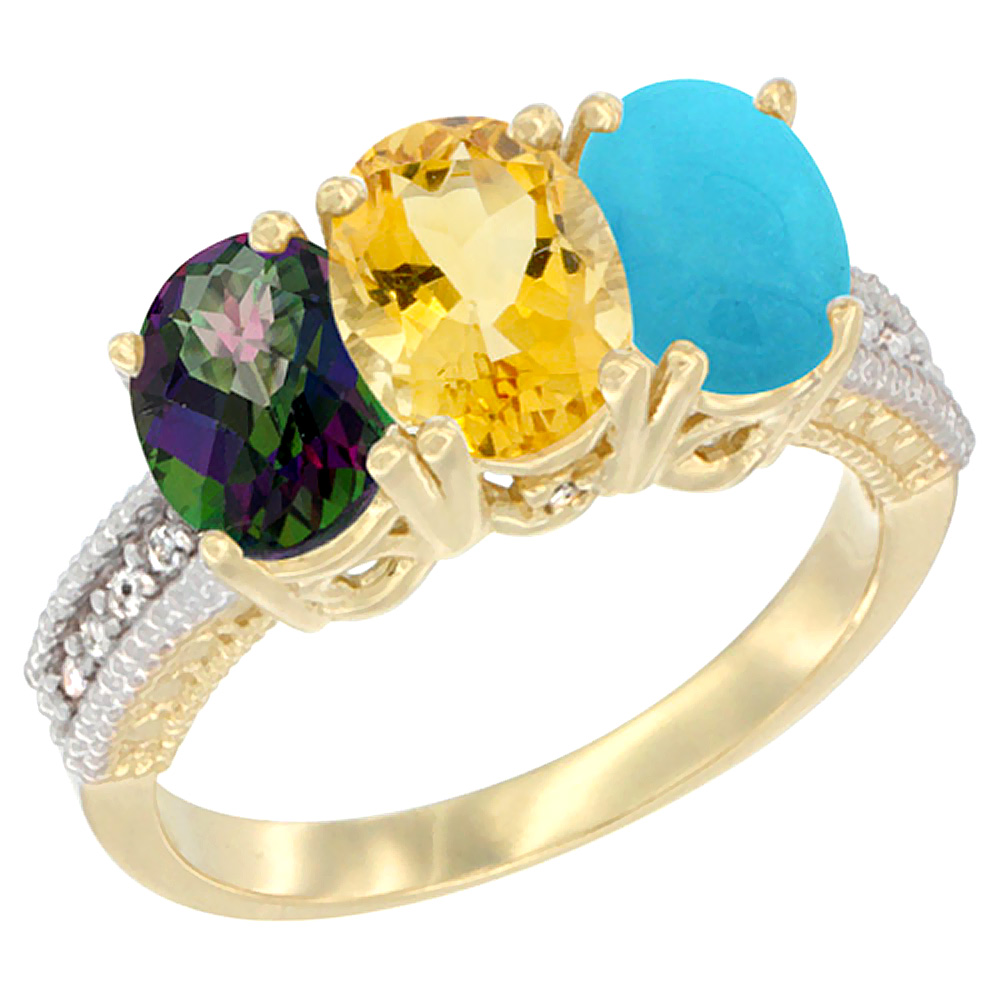 14K Yellow Gold Natural Mystic Topaz, Citrine &amp; Turquoise Ring 3-Stone 7x5 mm Oval Diamond Accent, sizes 5 - 10