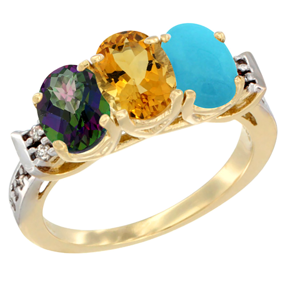 10K Yellow Gold Natural Mystic Topaz, Citrine & Turquoise Ring 3-Stone Oval 7x5 mm Diamond Accent, sizes 5 - 10