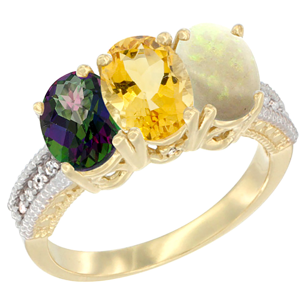 14K Yellow Gold Natural Mystic Topaz, Citrine & Opal Ring 3-Stone 7x5 mm Oval Diamond Accent, sizes 5 - 10