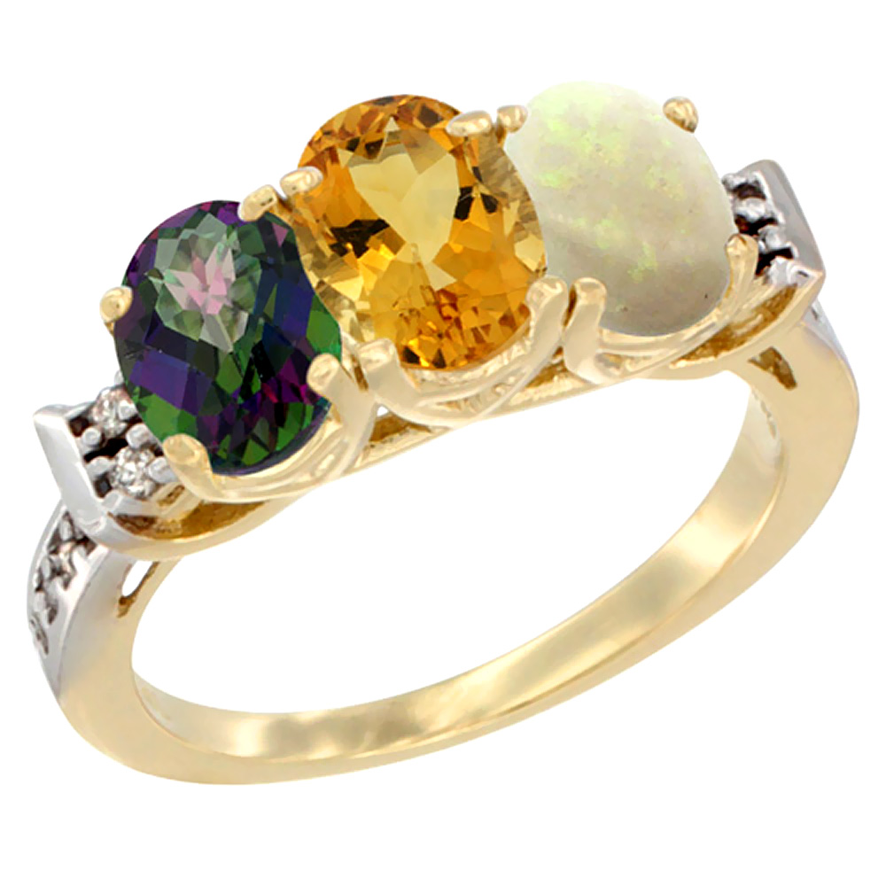 10K Yellow Gold Natural Mystic Topaz, Citrine &amp; Opal Ring 3-Stone Oval 7x5 mm Diamond Accent, sizes 5 - 10