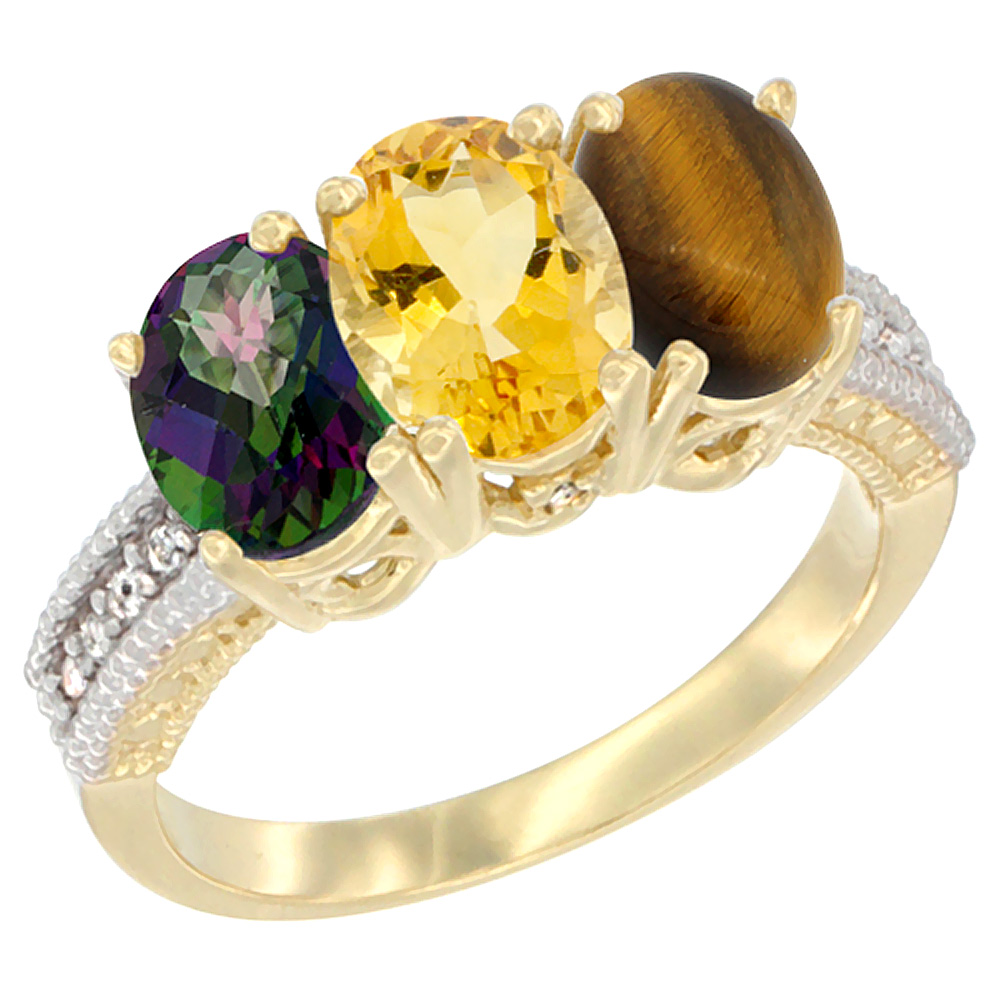 14K Yellow Gold Natural Mystic Topaz, Citrine & Tiger Eye Ring 3-Stone 7x5 mm Oval Diamond Accent, sizes 5 - 10