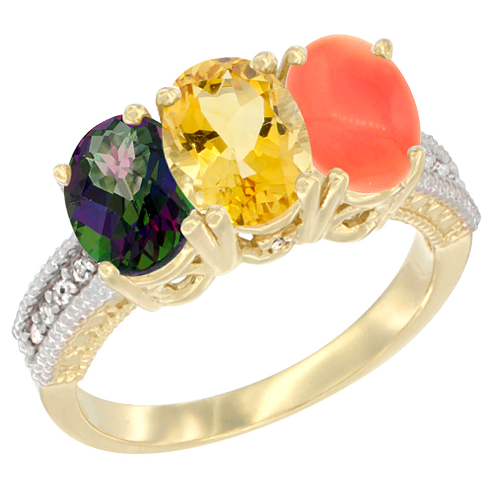 14K Yellow Gold Natural Mystic Topaz, Citrine & Coral Ring 3-Stone 7x5 mm Oval Diamond Accent, sizes 5 - 10