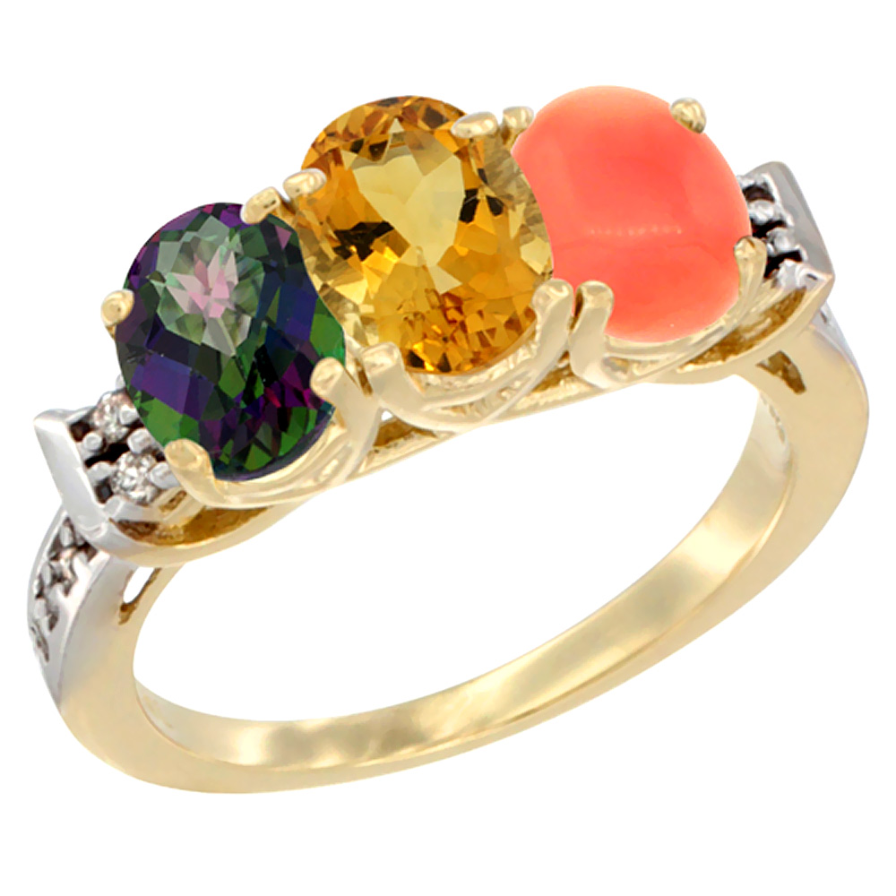 14K Yellow Gold Natural Mystic Topaz, Citrine & Coral Ring 3-Stone Oval 7x5 mm Diamond Accent, sizes 5 - 10
