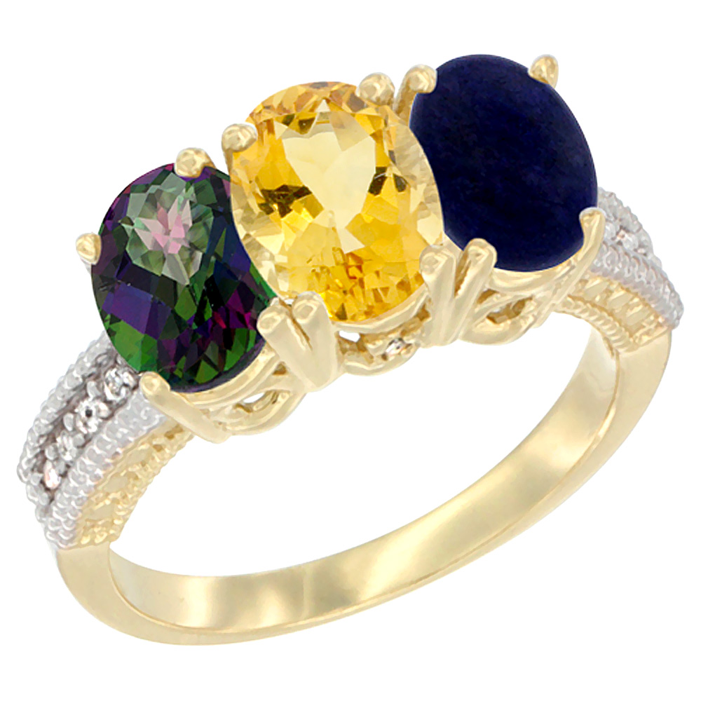 14K Yellow Gold Natural Mystic Topaz, Citrine & Lapis Ring 3-Stone 7x5 mm Oval Diamond Accent, sizes 5 - 10