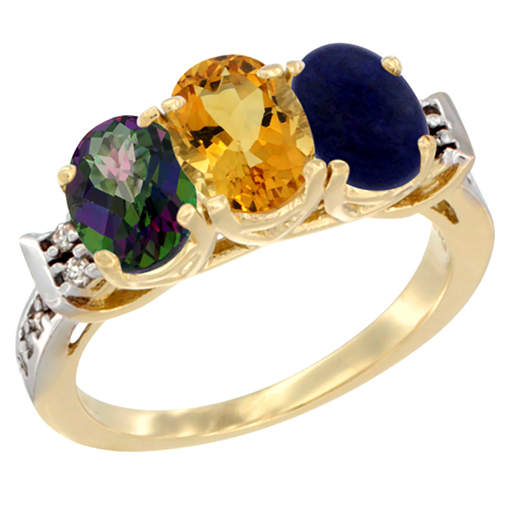10K Yellow Gold Natural Mystic Topaz, Citrine & Lapis Ring 3-Stone Oval 7x5 mm Diamond Accent, sizes 5 - 10