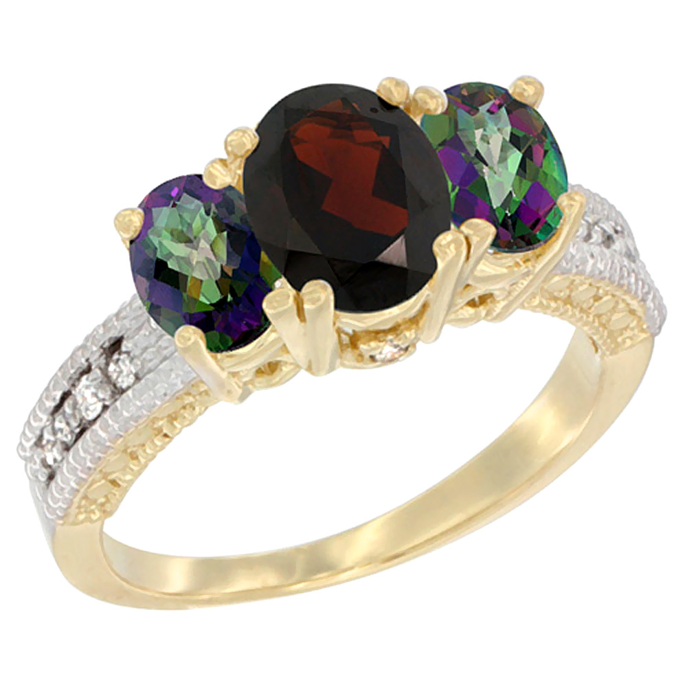 14K Yellow Gold Diamond Natural Garnet Ring Oval 3-stone with Mystic Topaz, sizes 5 - 10