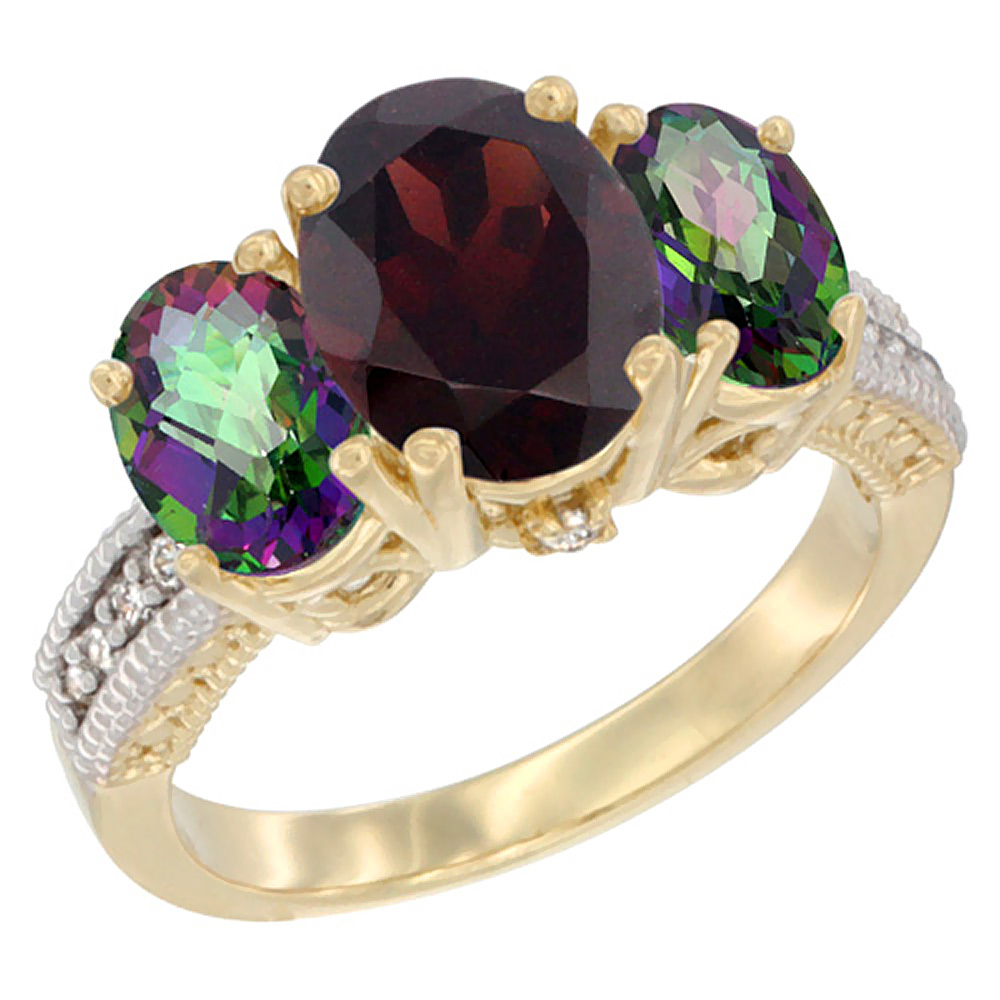 10K Yellow Gold Diamond Natural Garnet Ring 3-Stone Oval 8x6mm with Mystic Topaz, sizes5-10