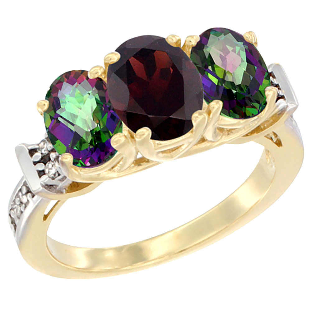 14K Yellow Gold Natural Garnet & Mystic Topaz Sides Ring 3-Stone Oval Diamond Accent, sizes 5 - 10