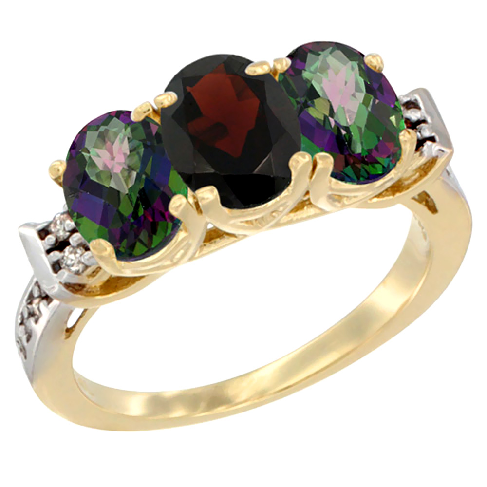 14K Yellow Gold Natural Garnet &amp; Mystic Topaz Sides Ring 3-Stone Oval 7x5 mm Diamond Accent, sizes 5 - 10