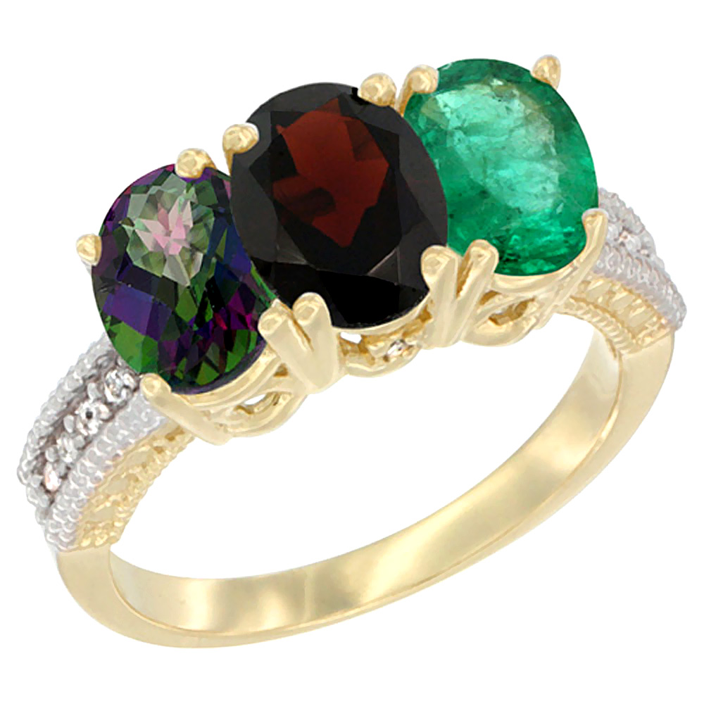 10K Yellow Gold Diamond Natural Mystic Topaz, Garnet & Emerald Ring 3-Stone 7x5 mm Oval, sizes 5 - 10